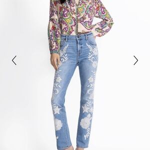 Johnny Was Blue Jeans with White Floral Embroidery